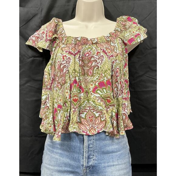 Anthropologie Raga Womens Small Top Flutter Sleeve Boho‎ Floral Blouse NWT - Picture 1 of 9